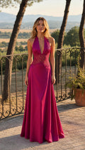 Front view of magenta halter neck satin maxi dress
