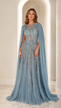 Dusty blue floral beaded evening gown with draped cape sleeves front view
