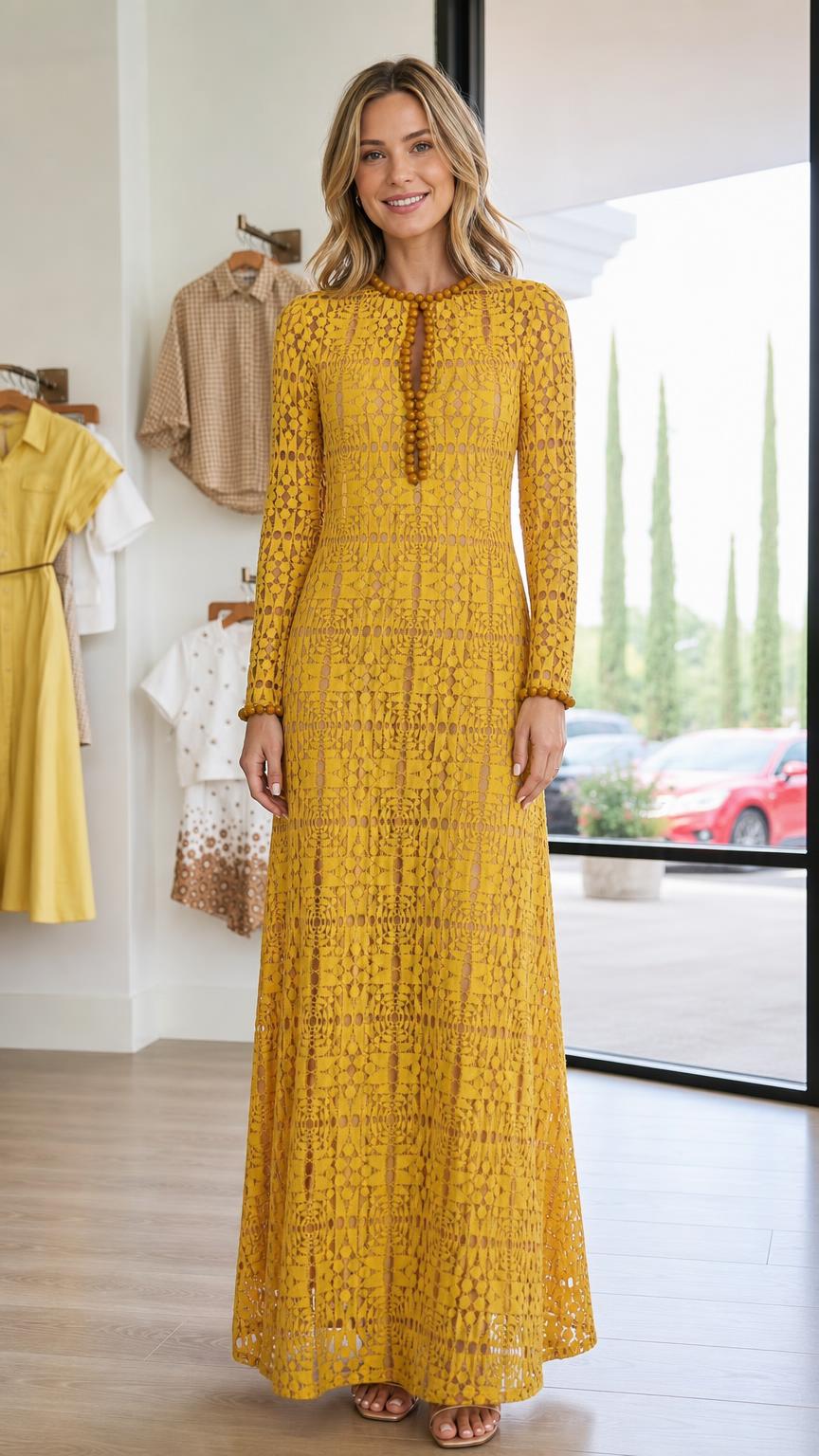Front view of woman wearing mustard yellow long-sleeve lace maxi dress