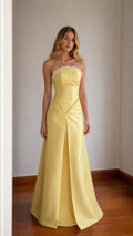 Elegance Strapless Lace Trim Satin Maxi Dress in yellow, front view