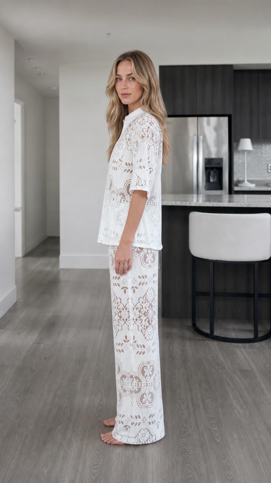 Side profile view of woman in white lace matching set