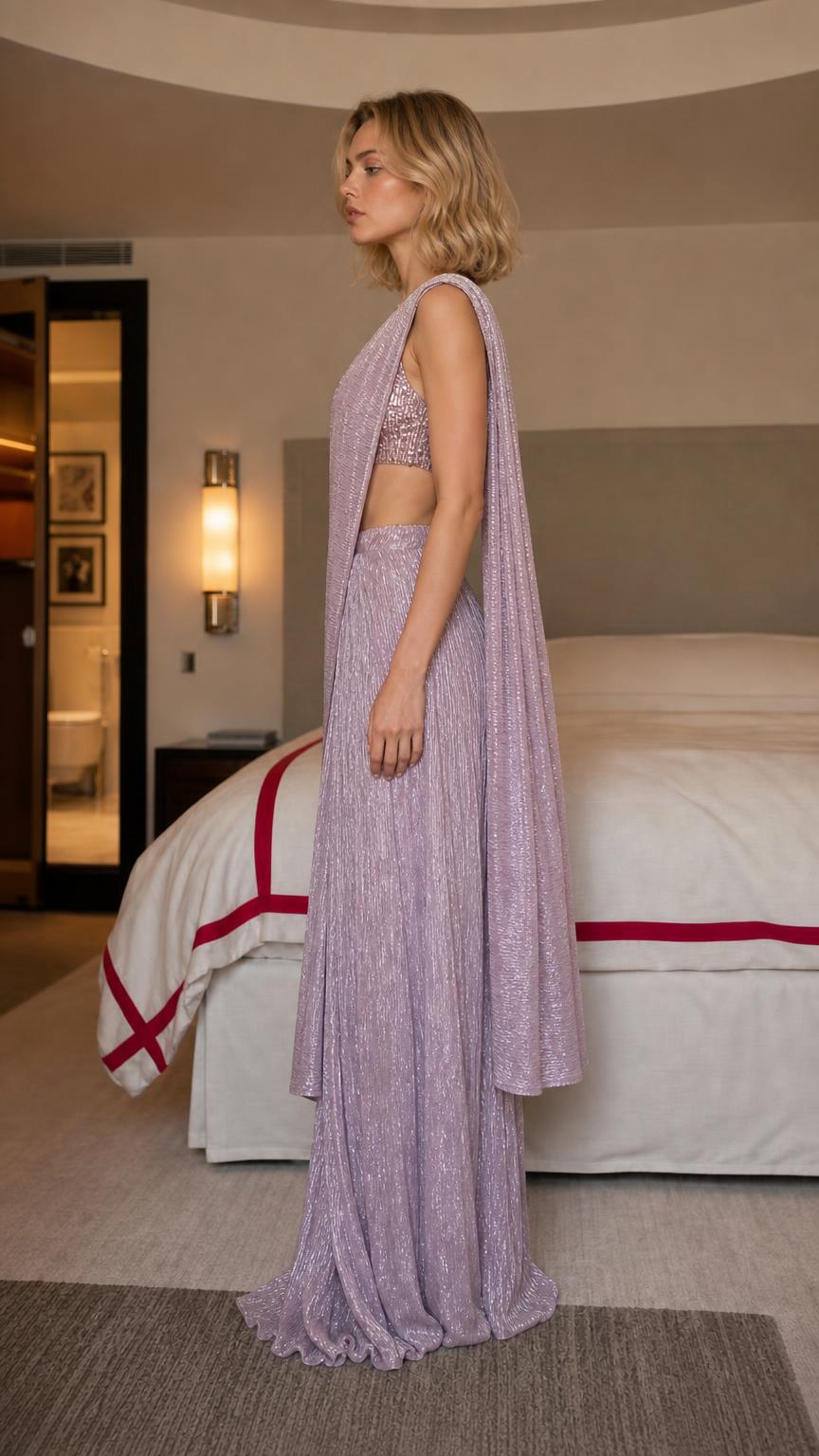 Side profile view of lavender shimmer saree