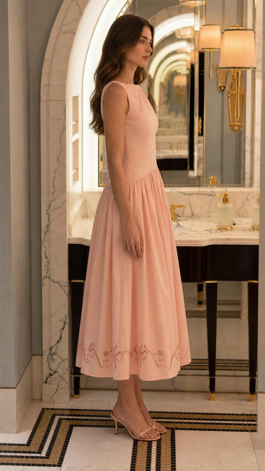 Side profile of model in peach midi dress