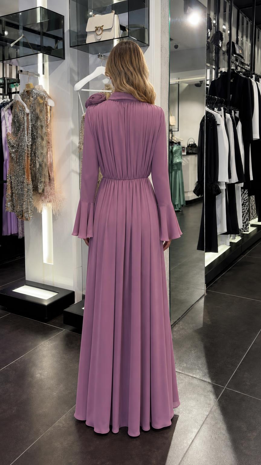 Back view of lavender maxi dress showing flowing skirt