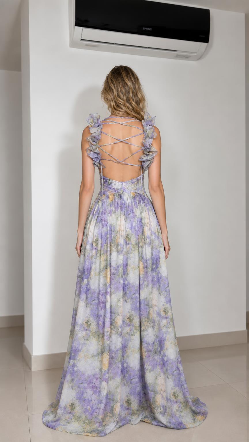 Back view showing lace-up details on lavender floral maxi dress