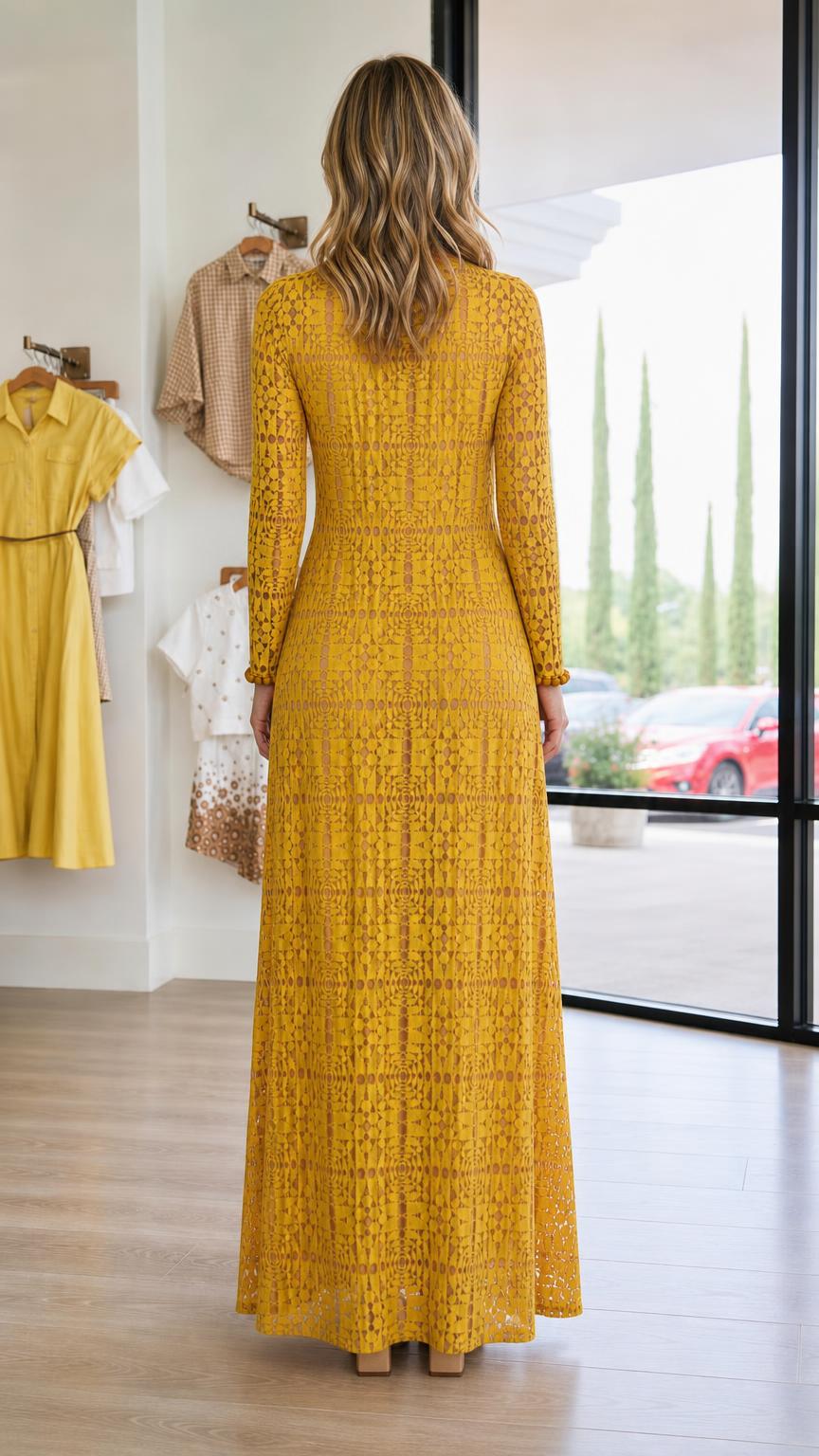 Back view of mustard yellow lace maxi dress