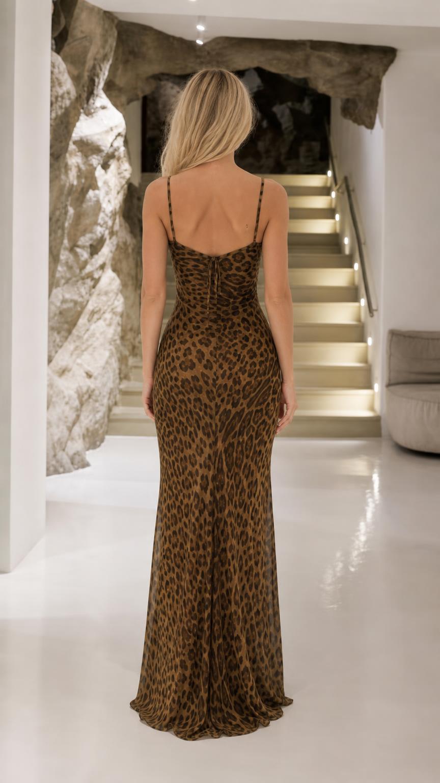 Back view of Brown Leopard slip dress showing straps