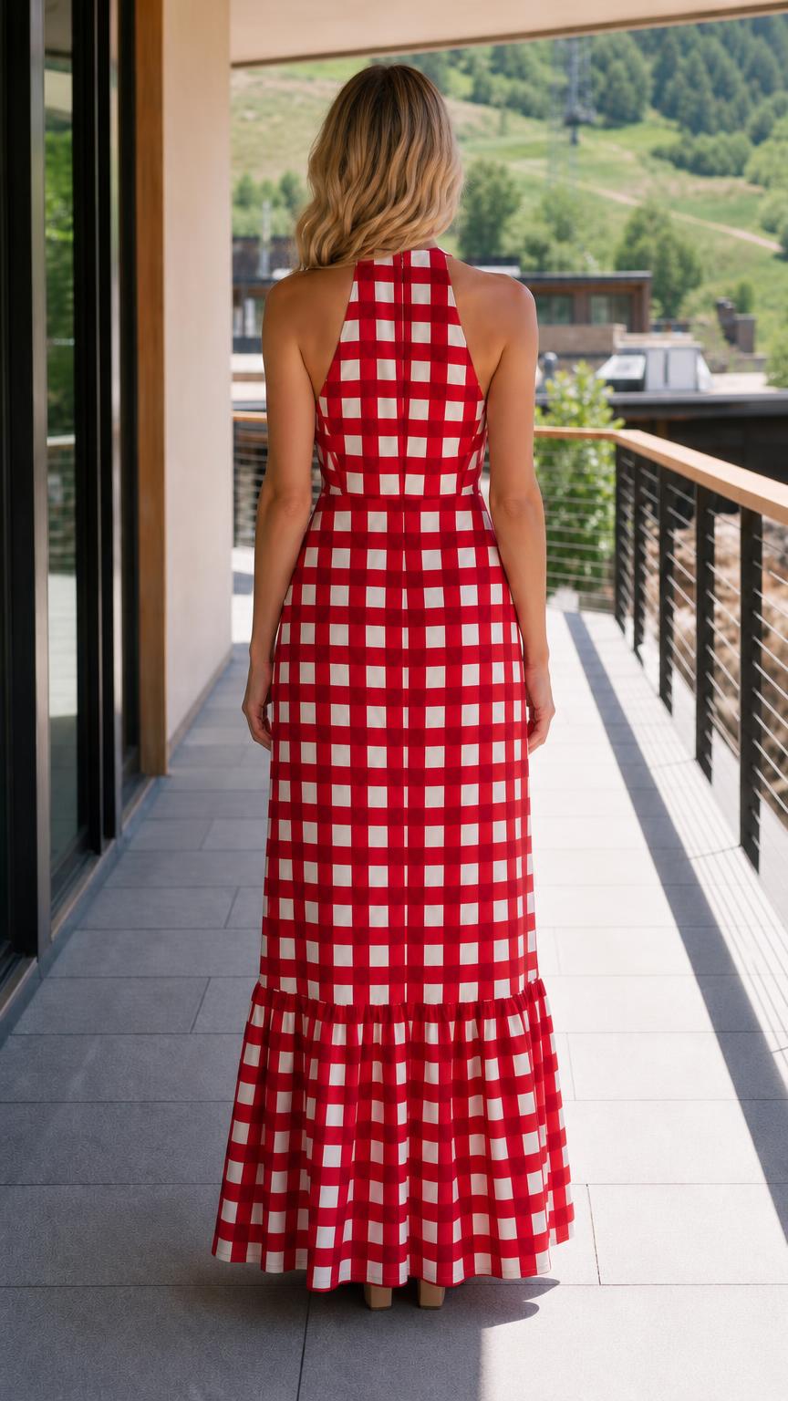 Back view of woman wearing red gingham maxi dress