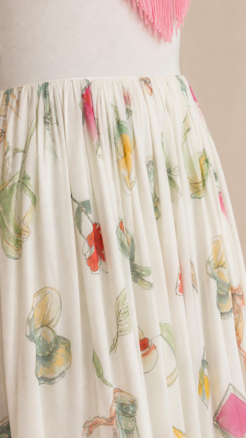 Close-up detail of the gathered floral printed skirt fabric