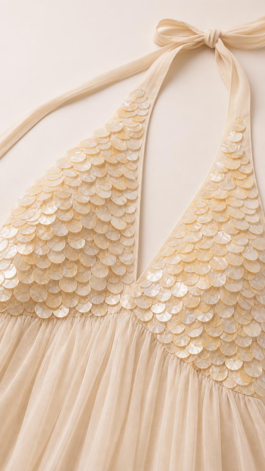 Close-up detail of shimmering sequin embellishments on bodice