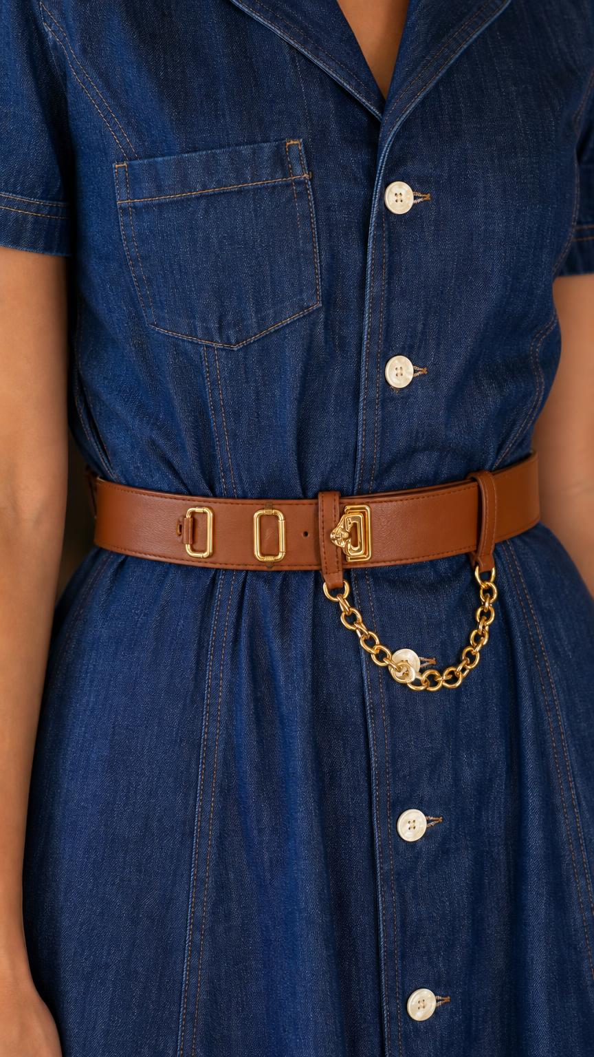 Close-up of front button placket and belt detail on blue denim dress