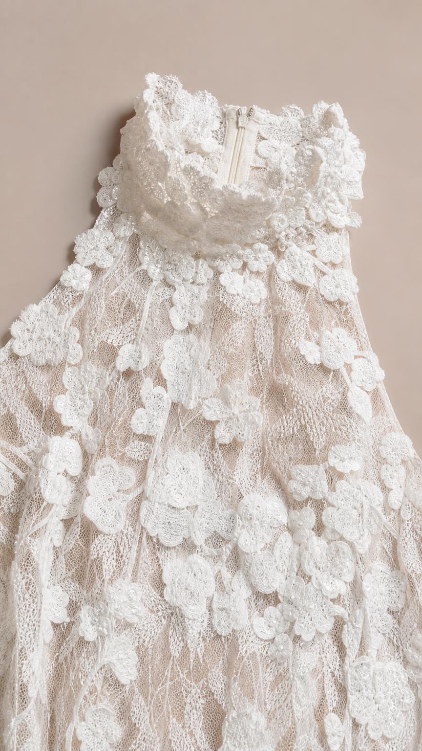 Close-up detail of high neckline and floral lace texture