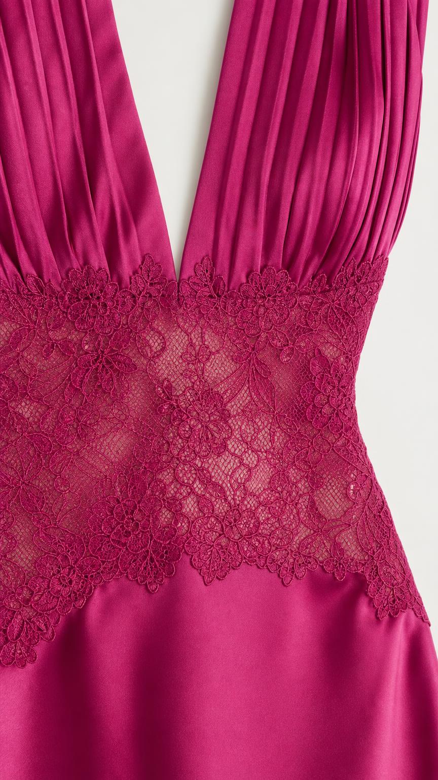 Close-up detail of pleated bodice and floral lace waist on magenta dress