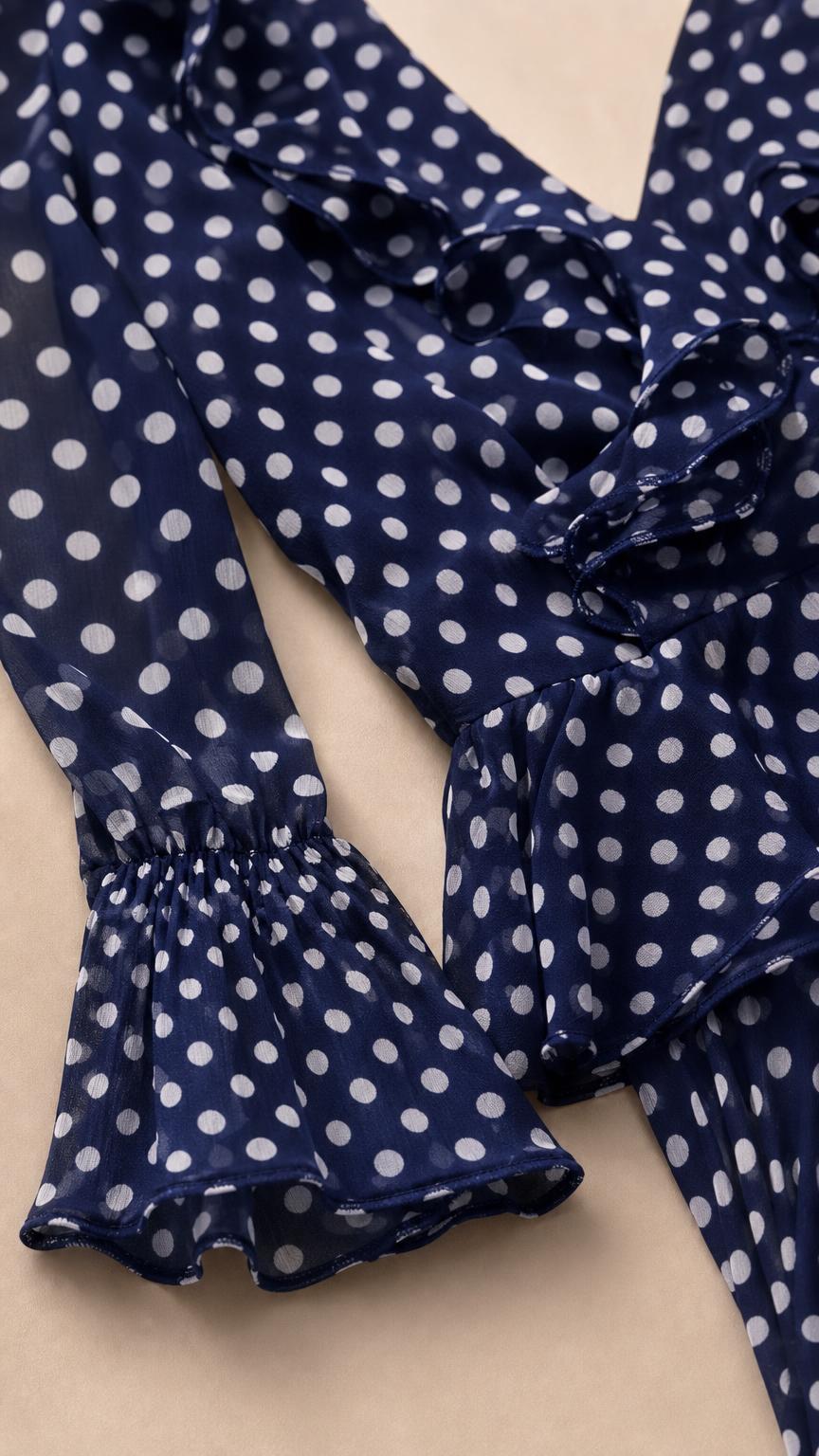 Close-up detail of V-neck, ruffles, and flared sleeve on Navy dress