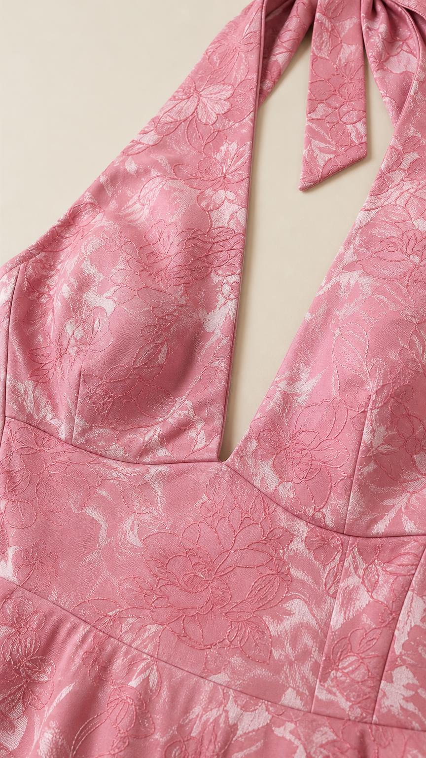 Close-up detail of the pink floral jacquard fabric and V-neckline