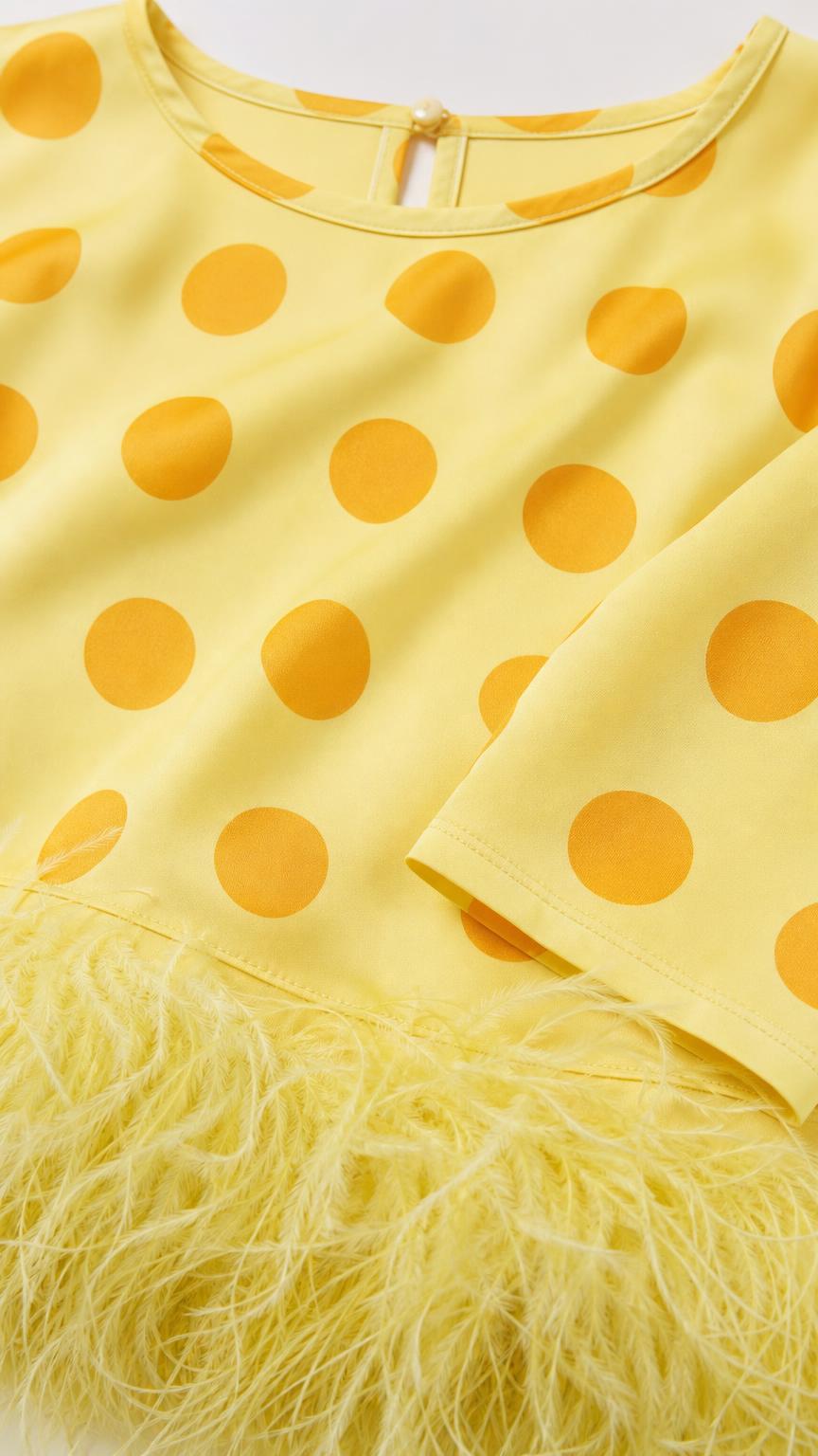 Close up of yellow polka dot fabric and feather hem