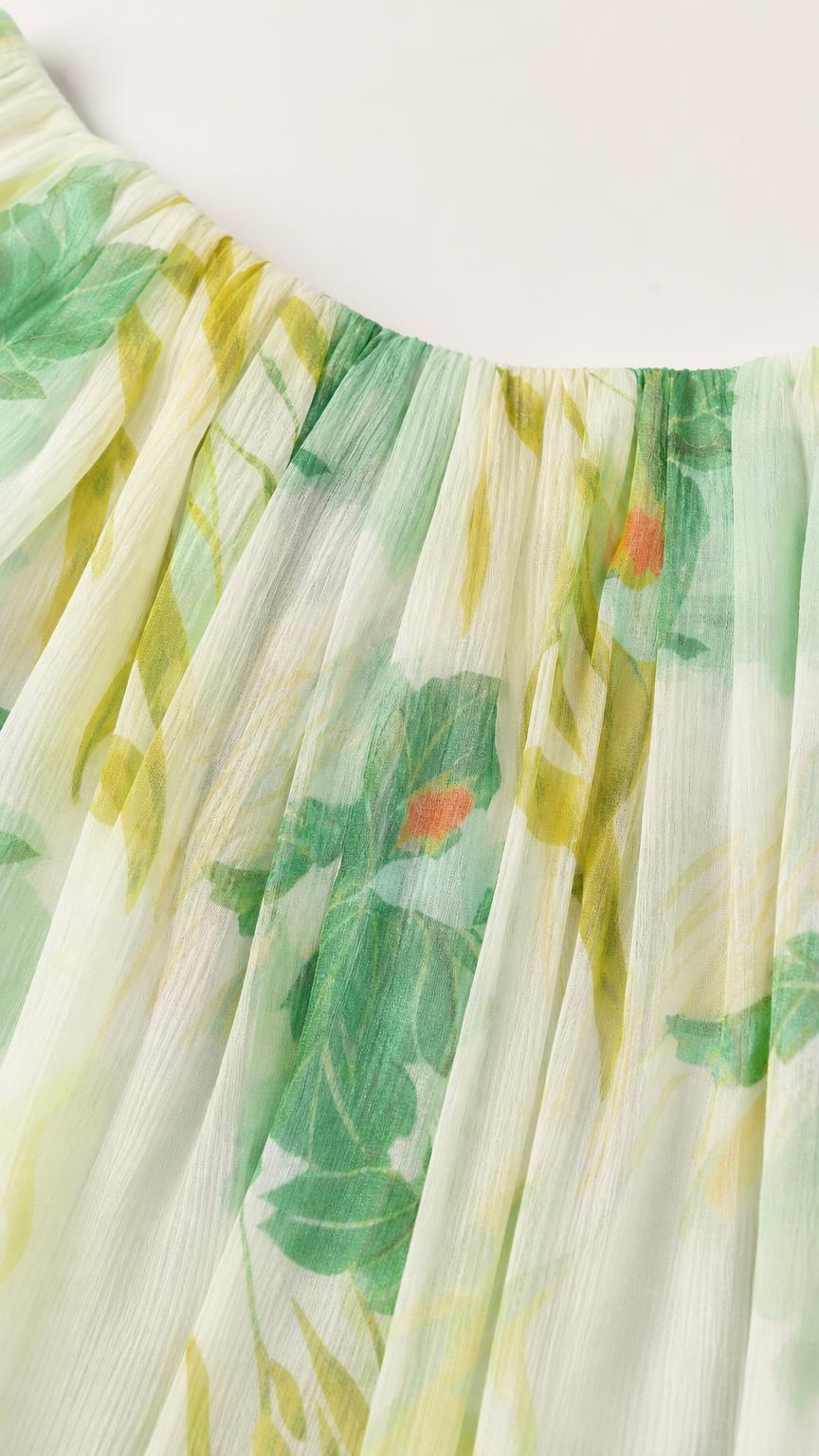 Close-up detail of pleated fabric and floral print